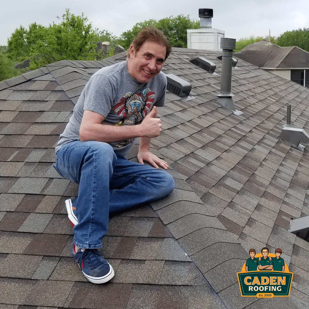 Smiling homeowner giving a thumbs-up on his new Owens Corning Duration Driftwood roof in Circle C North, South Austin