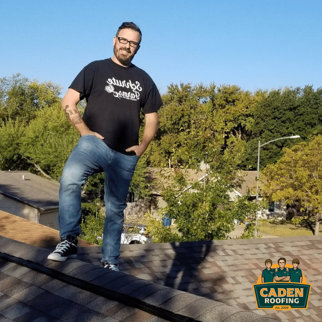 Homeowner on his new Owens Corning Duration Driftwood roof in Whispering Oaks, South Austin, by Caden Roofing