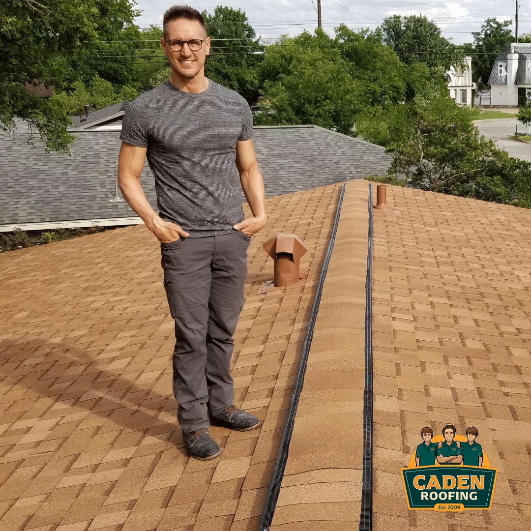 Caden Roofing customer on his new Owens Corning Oakridge Desert Tan shingle roof in East Travis Heights, Austin
