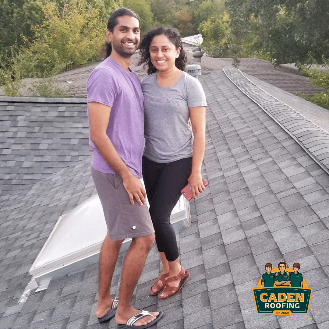 Homeowners on their new IKO Cambridge Harvard Slate roof in Cherrywood, Central Austin, installed by Caden Roofing