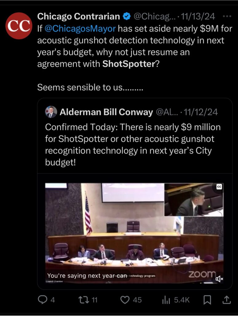 Screenshot of a November 13, 2024 tweet from Chicago Contrarian questioning why the city would not resume an agreement with ShotSpotter if nearly $9 million has been set aside for acoustic gunshot detection technology in the next year’s budget.