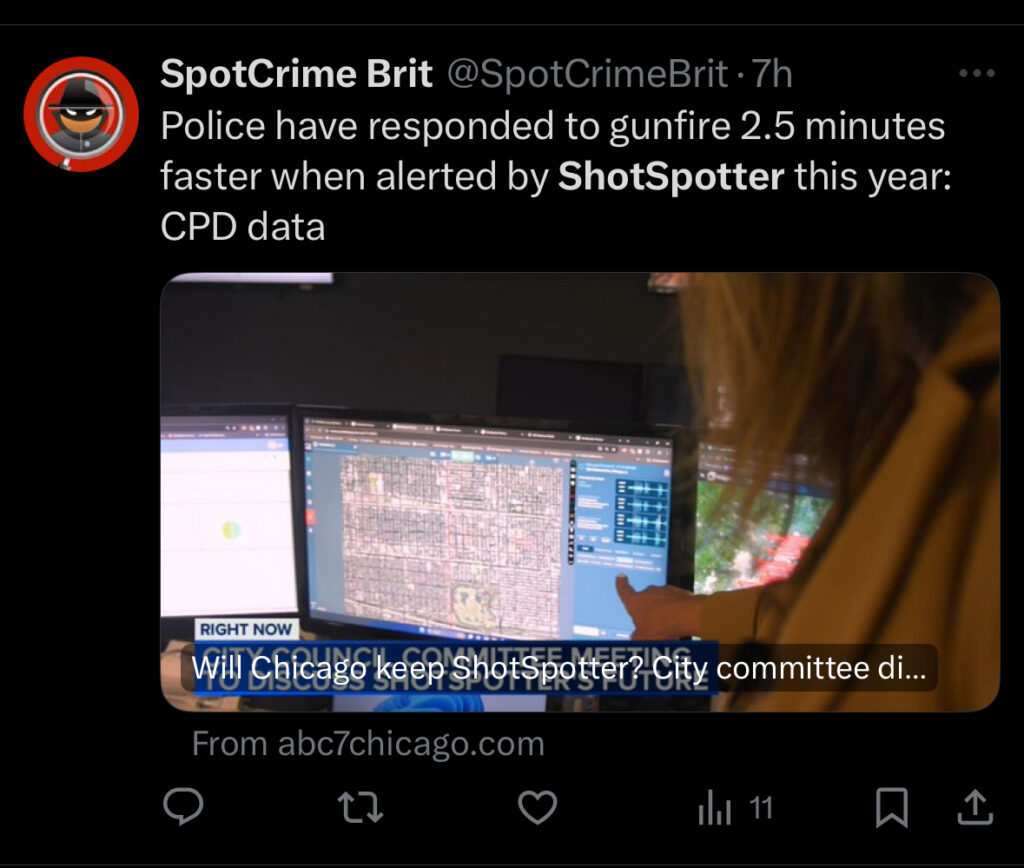Screenshot of a tweet from SpotCrime Brit stating that Chicago police have responded to gunfire 2.5 minutes faster this year when alerted by ShotSpotter, citing CPD data.