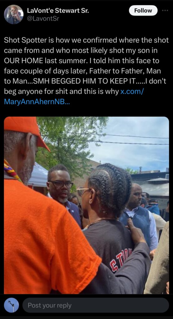 Screenshot of a tweet by LaVonte Stewart Sr. describing how ShotSpotter helped confirm where a shooting involving his son occurred