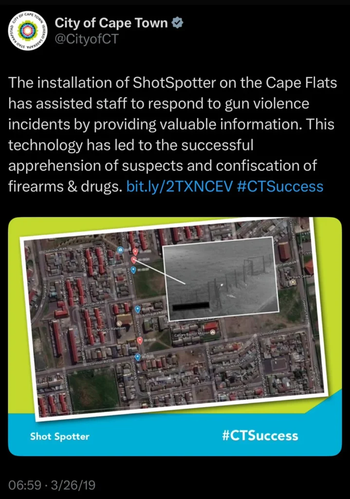Screenshot of a social media post from the City of Cape Town stating that ShotSpotter Cape Town helps staff respond to gun violence and has aided in suspect apprehensions and firearm and drug confiscations, accompanied by a satellite map graphic highlighting a detected shooting location.