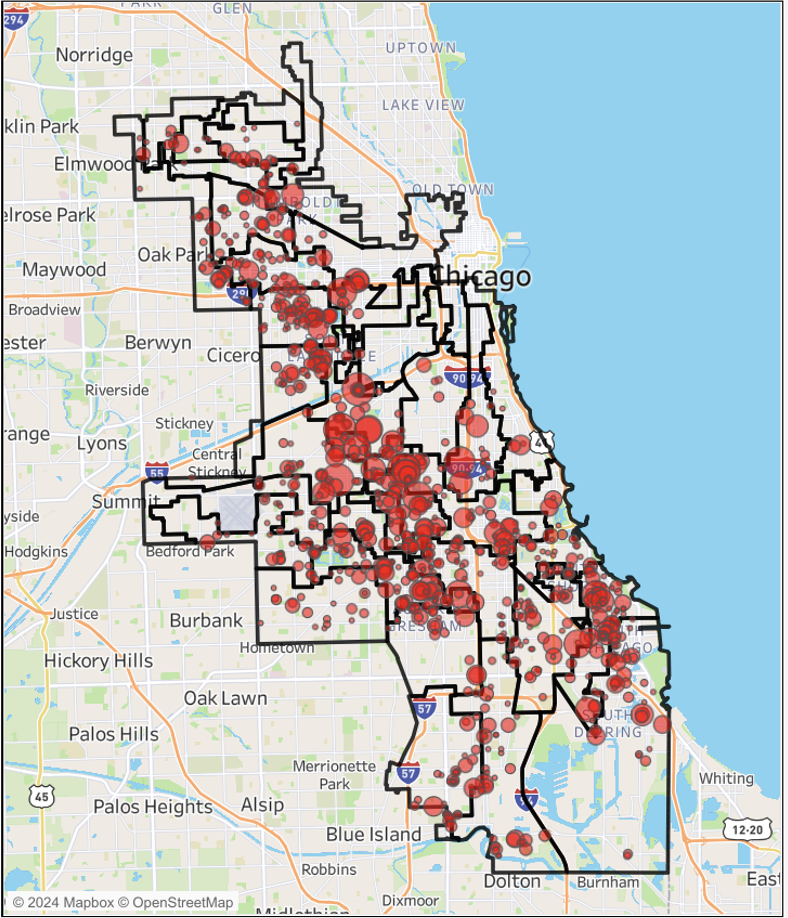 Map of Chicago with neighborhood boundaries outlined in black and numerous red circles marking incident locations across the city. The densest clusters appear on the South and West Sides, with Lake Michigan shown along the eastern edge.