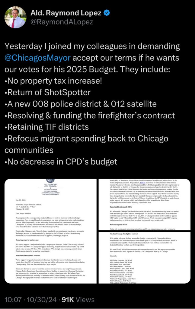 Screenshot of an October 30, 2024 tweet by Ald. Raymond Lopez (@RaymondALopez) stating that he and colleagues are demanding the Chicago mayor accept their terms for the 2025 budget, including returning ShotSpotter.