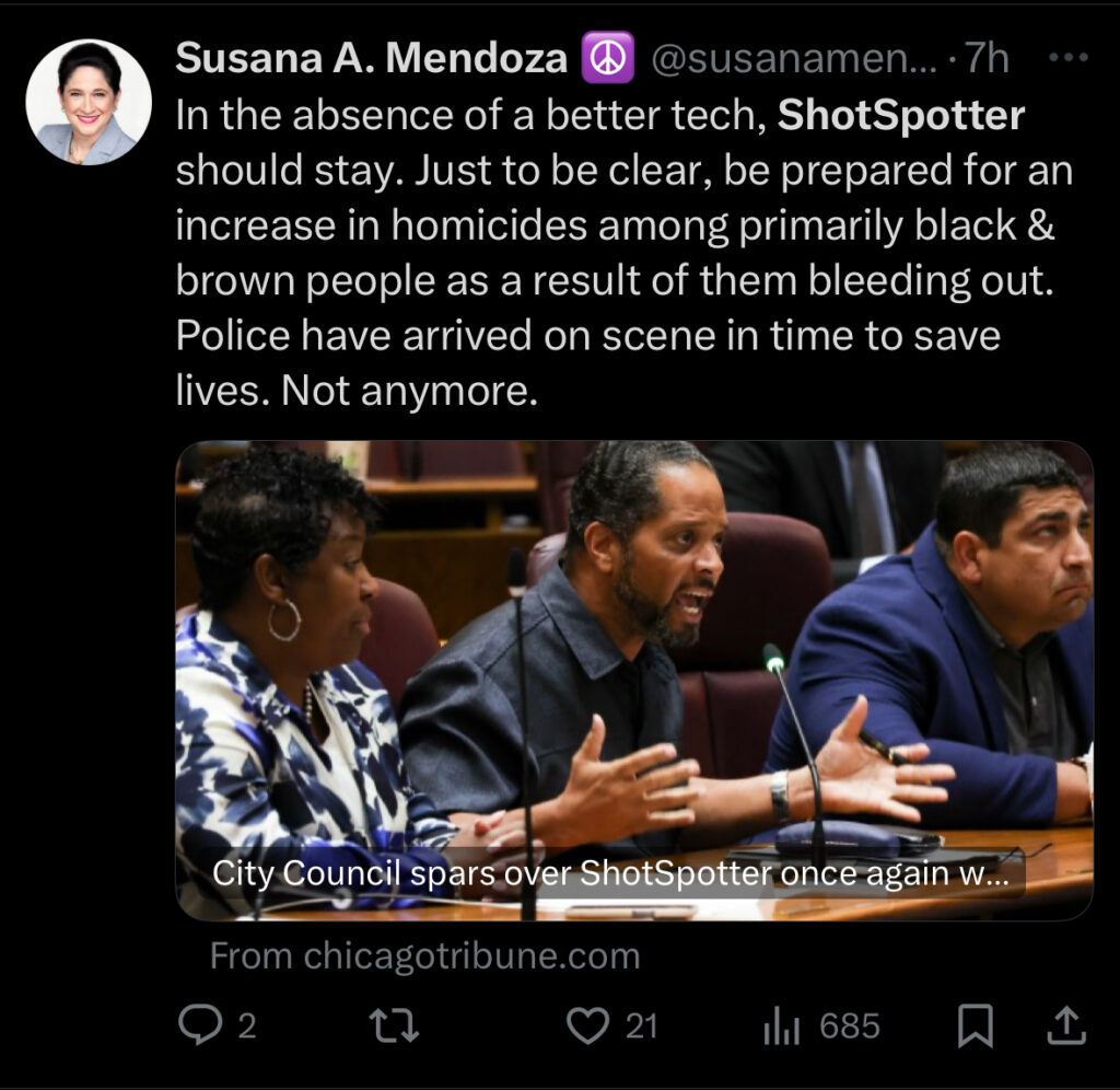 Screenshot of a tweet by Susana A. Mendoza arguing that ShotSpotter should remain in use, stating police have arrived in time to save lives.