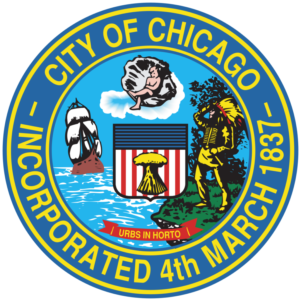 Official seal of the City of Chicago, featuring a circular blue and yellow emblem with the words “City of Chicago - Incorporated 4th March 1837."