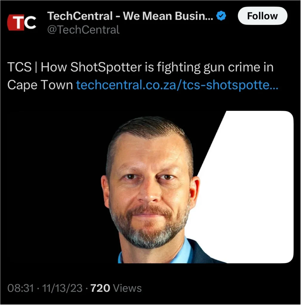 Social media post from TechCentral titled “How ShotSpotter is fighting gun crime in Cape Town."