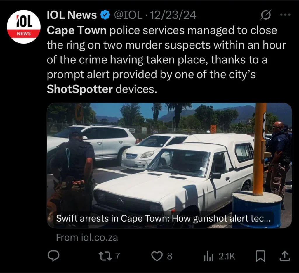 Screenshot of an IOL News social media post stating that Cape Town police arrested two murder suspects within an hour after a ShotSpotter alert, accompanied by a photo of police officers standing near a white pickup truck and other vehicles at a roadside checkpoint.