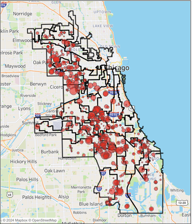 Map of Chicago with district boundaries outlined in black and numerous red circles marking incident locations across the city. The largest clusters appear on the South and West Sides, with Lake Michigan shown along the eastern edge.
