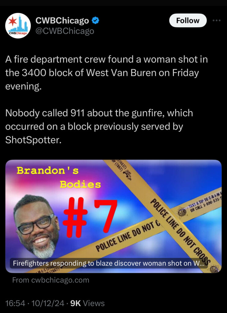 Screenshot of a tweet from CWBChicago reporting that firefighters found a woman shot on the 3400 block of West Van Buren and noting that no 911 call was made in an area previously served by ShotSpotter.