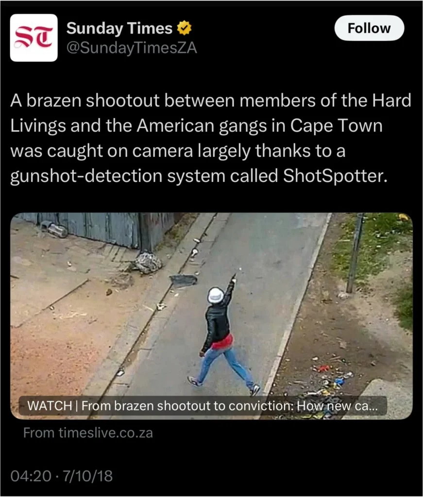 Screenshot of a Sunday Times social media post reporting that a shootout between rival gangs in Cape Town was captured on camera with the help of ShotSpotter gunshot-detection technology, accompanied by a video still showing a person in a street raising an arm while walking along a road in a residential area.