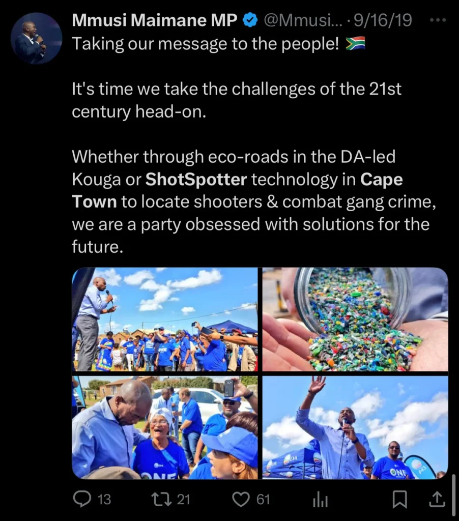 Screenshot of a social media post by Mmusi Maimane discussing solutions to 21st-century challenges, mentioning eco-roads in Kouga and ShotSpotter Cape Town to combat gang crime.