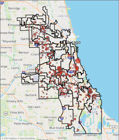 Map of Chicago with police district boundaries outlined in black and red dots of varying sizes marking reported shooting incidents across the city. The heaviest concentrations appear on the South and West Sides, with fewer incidents on the North Side, and Lake Michigan visible along the eastern shoreline.